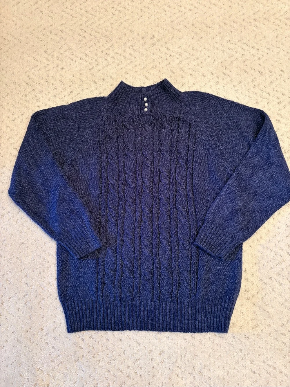 Vintage Blue Rough Cable Knit Sweater Size M Mock Neck With Faux Pearl Buttons